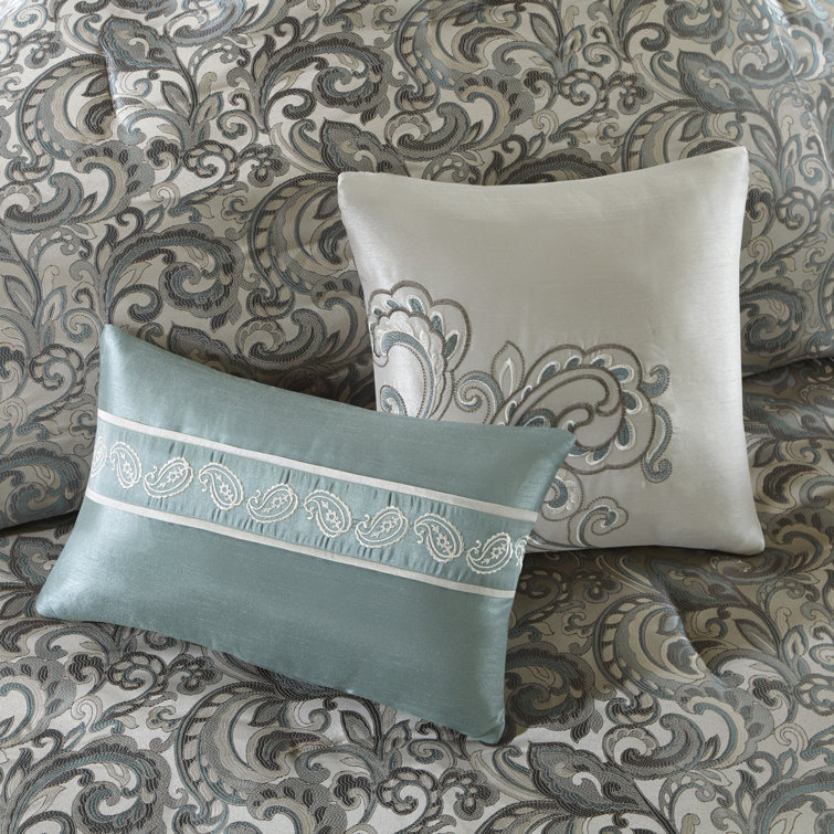 Teal and Gray Floral Motif California King Bedding Set