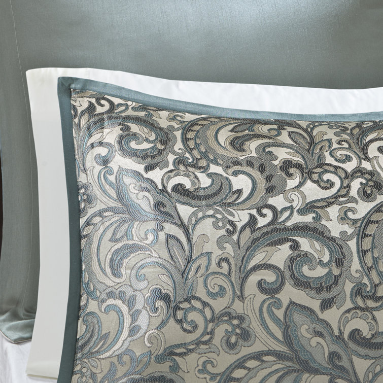 Teal and Gray Floral Motif California King Bedding Set