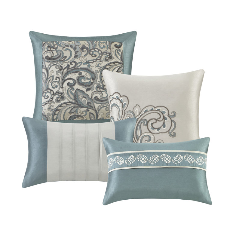 Teal and Gray Floral Motif California King Bedding Set