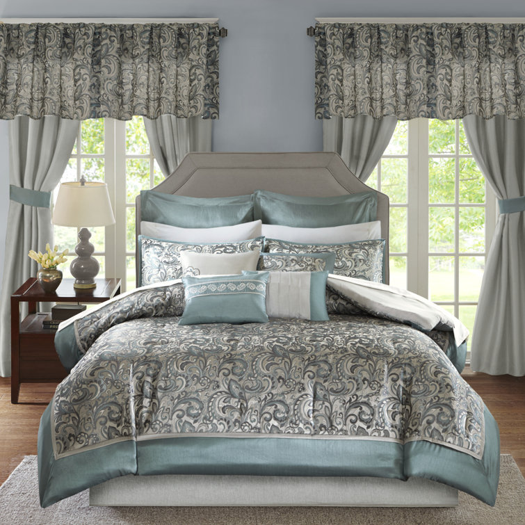 Teal and Gray Floral Motif California King Bedding Set