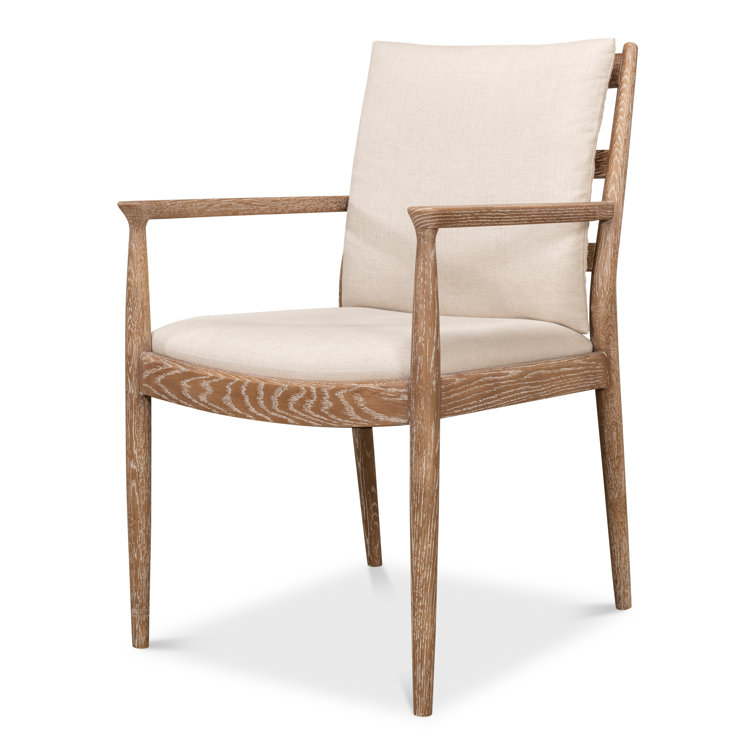 Beige Linen Upholstered Oak Armchair with Square Arms