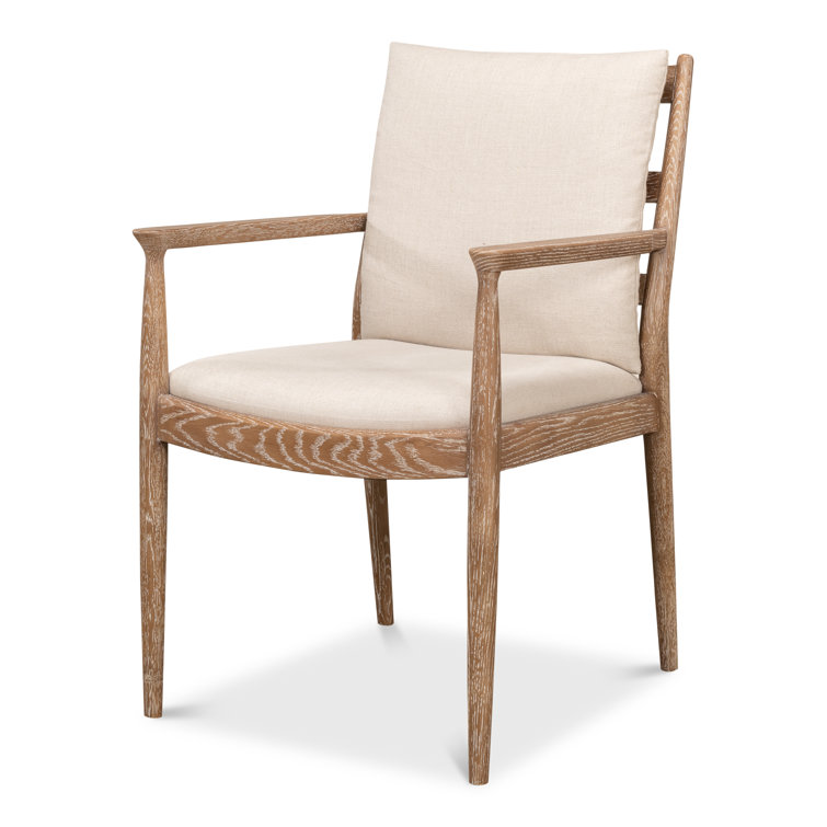 Beige Linen Upholstered Oak Armchair with Square Arms
