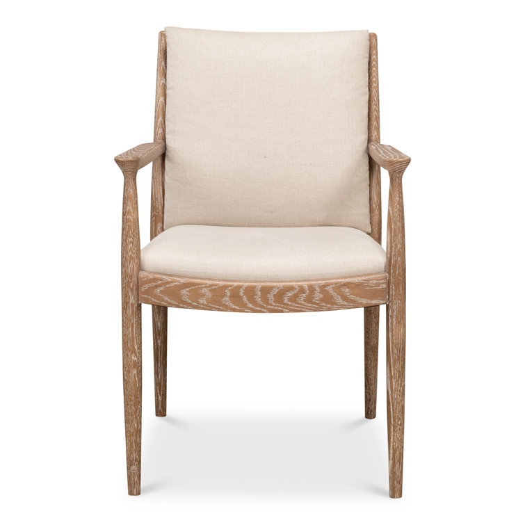Beige Linen Upholstered Oak Armchair with Square Arms