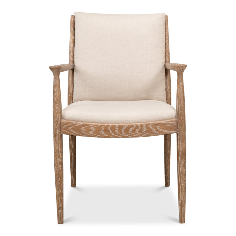 Beige Linen Upholstered Oak Armchair with Square Arms