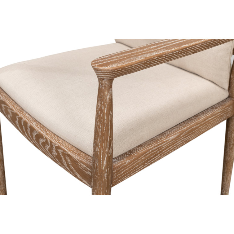 Beige Linen Upholstered Oak Armchair with Square Arms