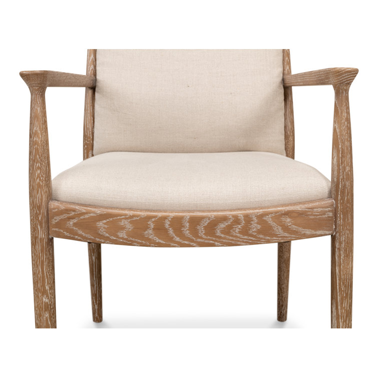 Beige Linen Upholstered Oak Armchair with Square Arms