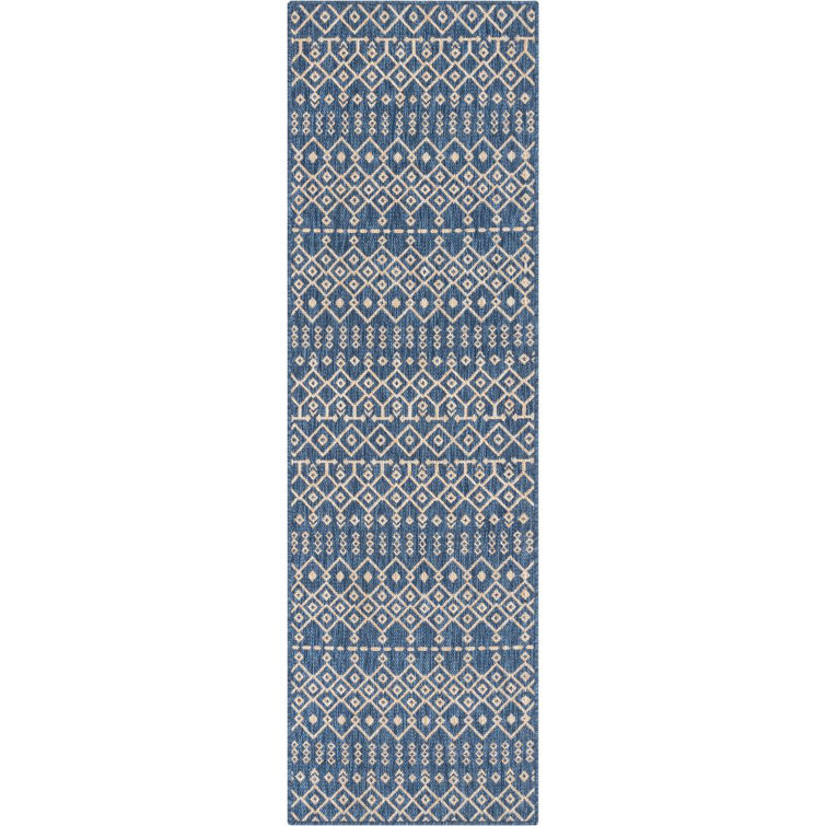 Nordic Blue and Beige Synthetic Flat-Weave Runner Rug