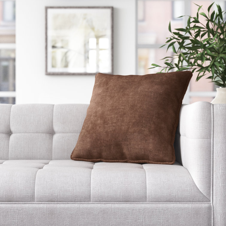 Tan Cotton Square Embroidered Throw Pillow with Fringed Edges