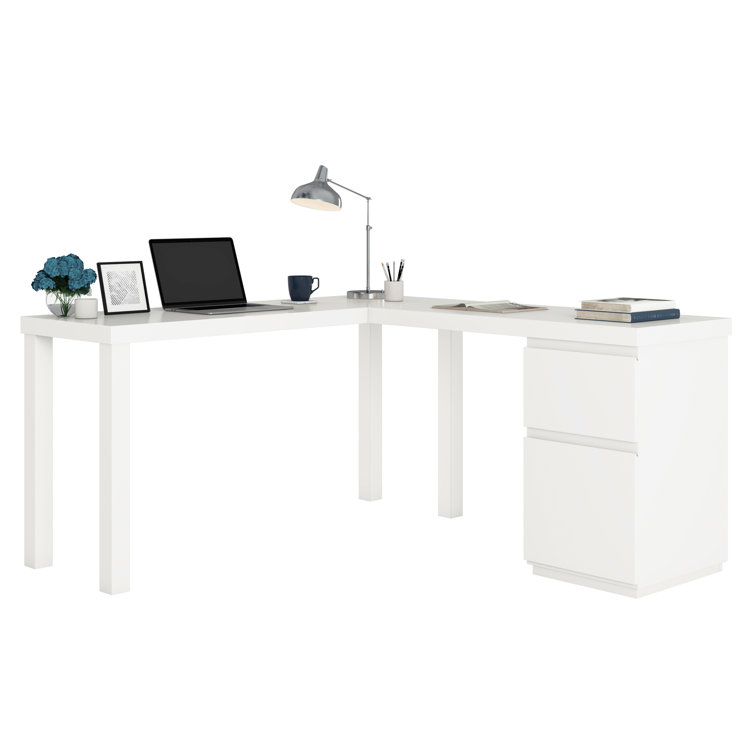 Executive White L-Shaped Desk with Filing Cabinet and Drawers