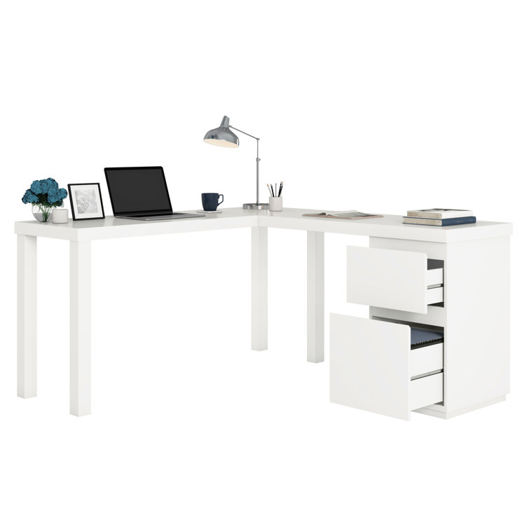 Executive White L-Shaped Desk with Filing Cabinet and Drawers