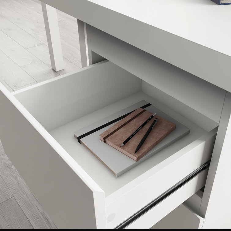 Executive White L-Shaped Desk with Filing Cabinet and Drawers