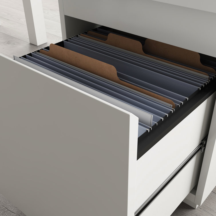 Executive White L-Shaped Desk with Filing Cabinet and Drawers