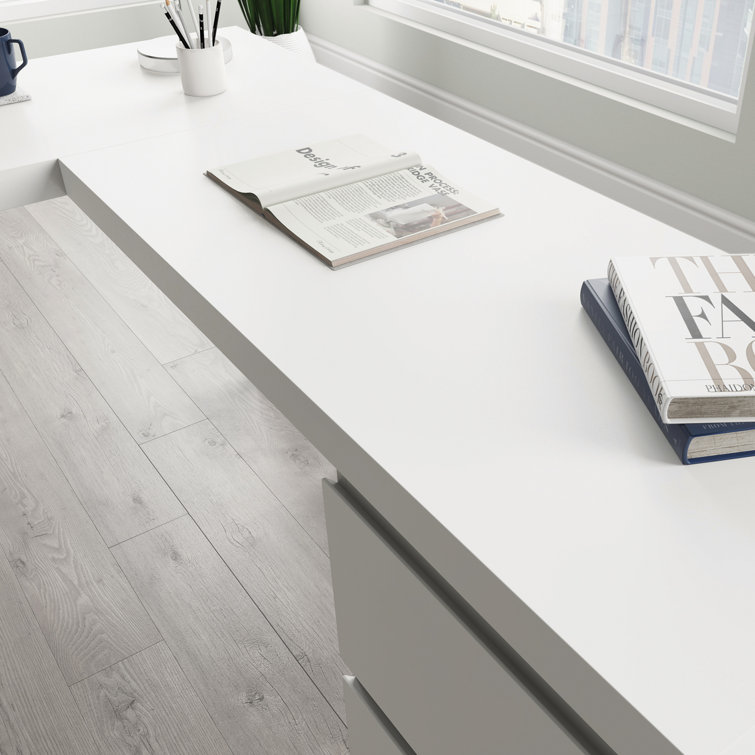 Executive White L-Shaped Desk with Filing Cabinet and Drawers