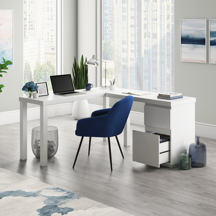 Executive White L-Shaped Desk with Filing Cabinet and Drawers