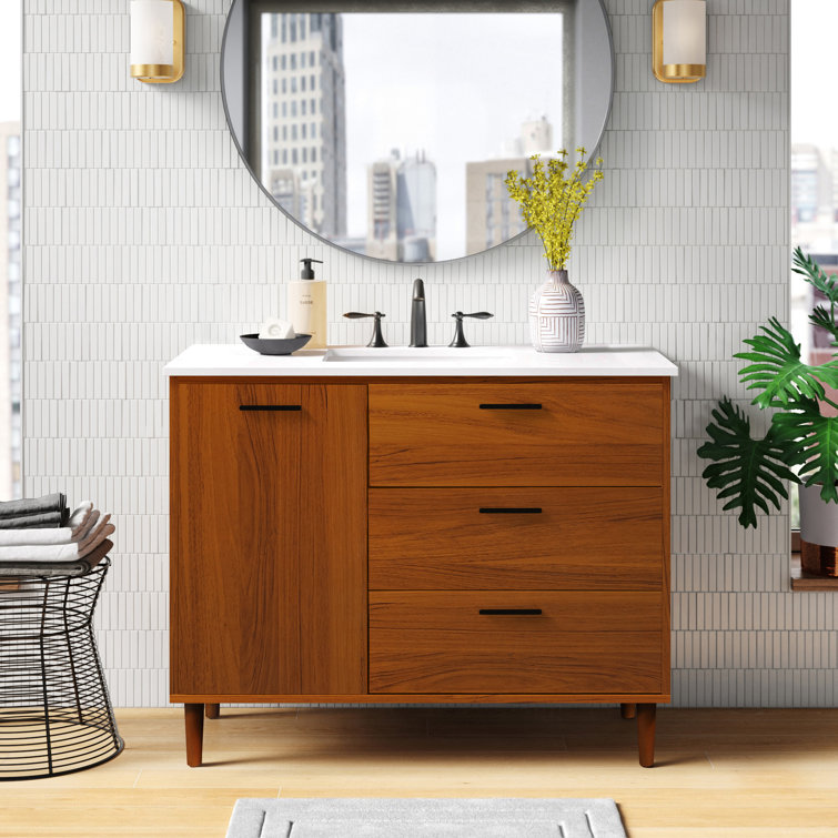 Teak and Black 42" Freestanding Single Vanity with Marble Top