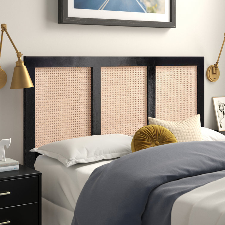 Breezy Tropical Queen-Sized Black and Natural Wood Cane Headboard