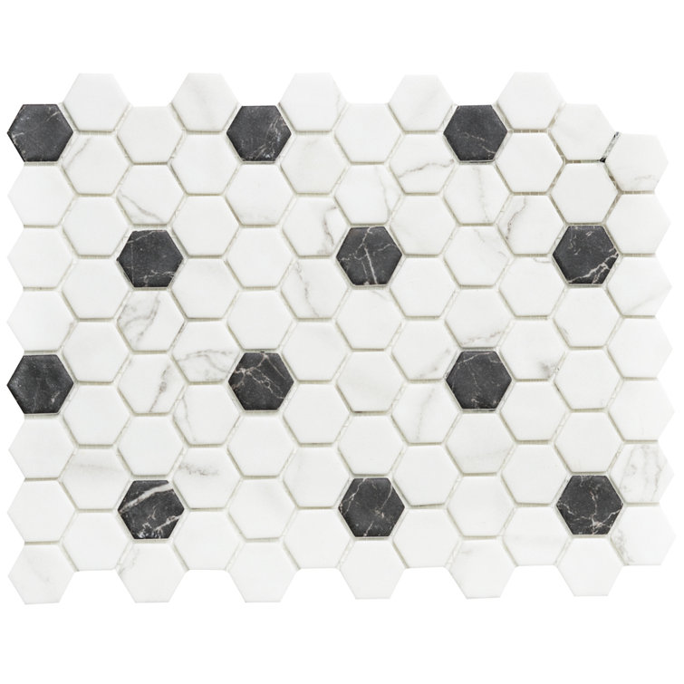 Eterna Hex White and Black Recycled Glass Mosaic Tile