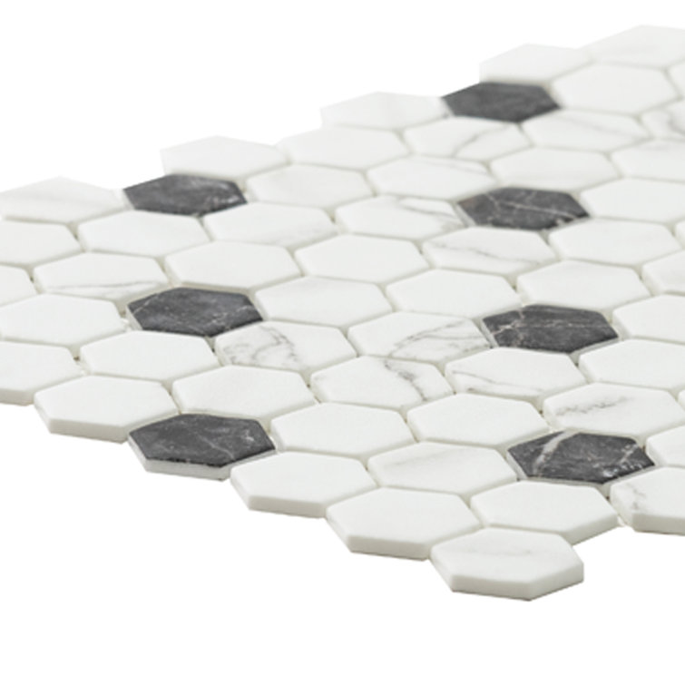 Eterna Hex White and Black Recycled Glass Mosaic Tile