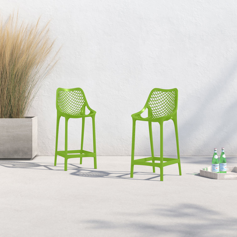 Tropical Green Plastic Outdoor Bar Stools with Footrest - Set of 2