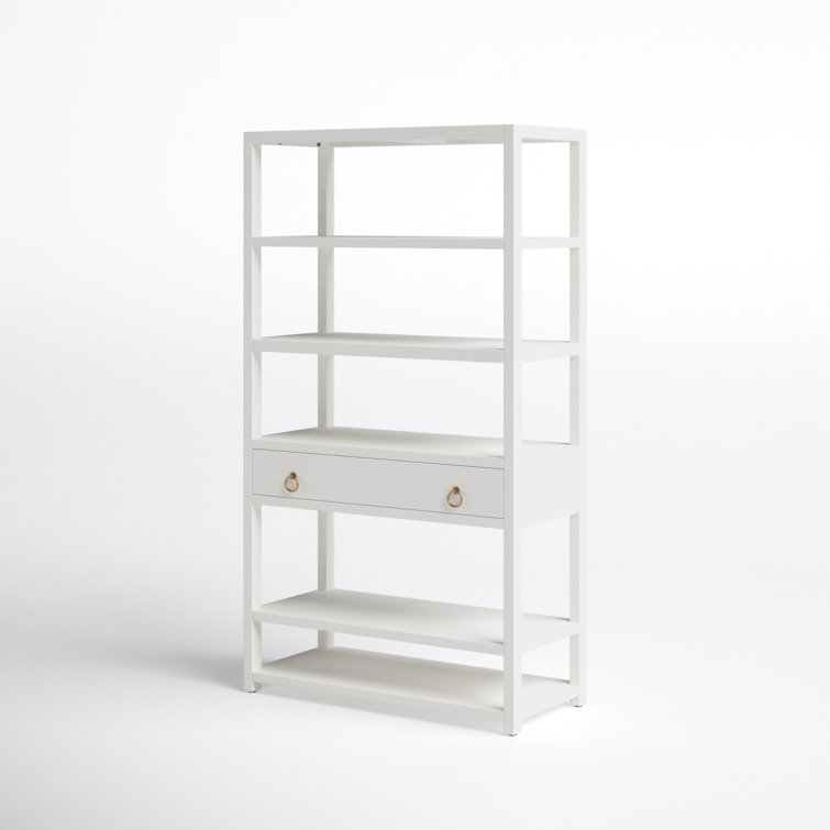 Elevated Elegance White Acacia Wood Etagere Bookcase with Gold Hardware