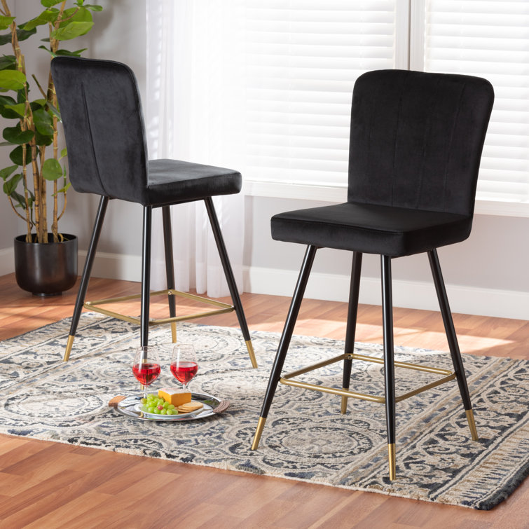 Preston Adjustable Black Velvet and Gold-Tone Metal Bar Stool Set