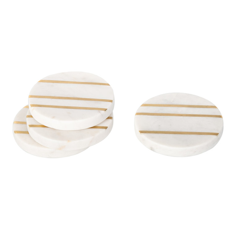 White Marble and Gold Inlay Round Coaster Set