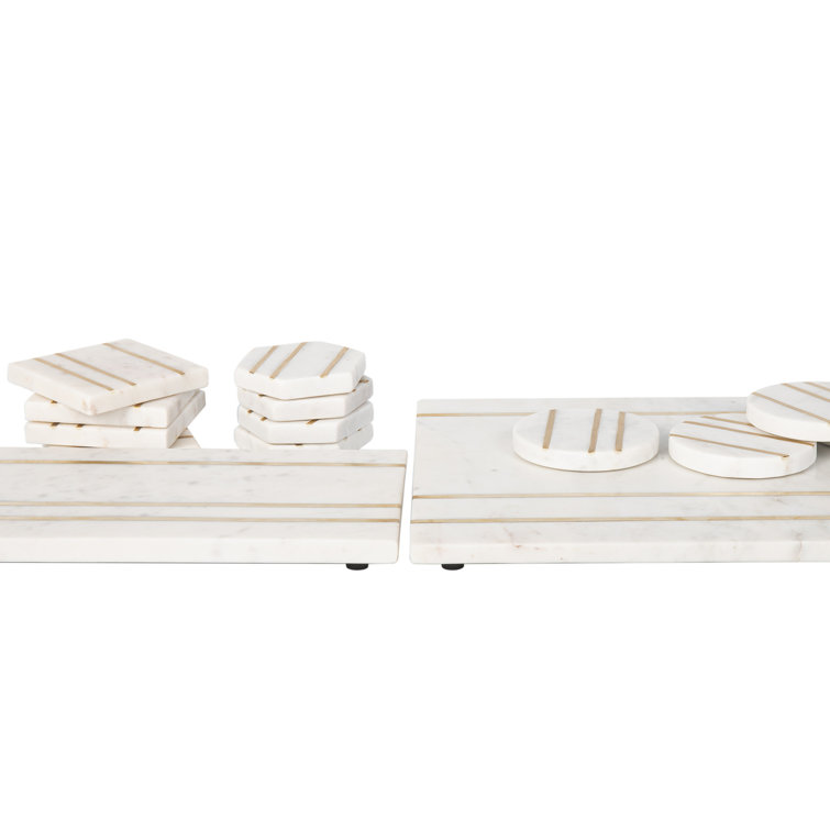 White Marble and Gold Inlay Round Coaster Set