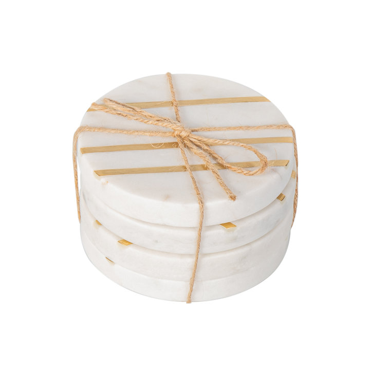 White Marble and Gold Inlay Round Coaster Set