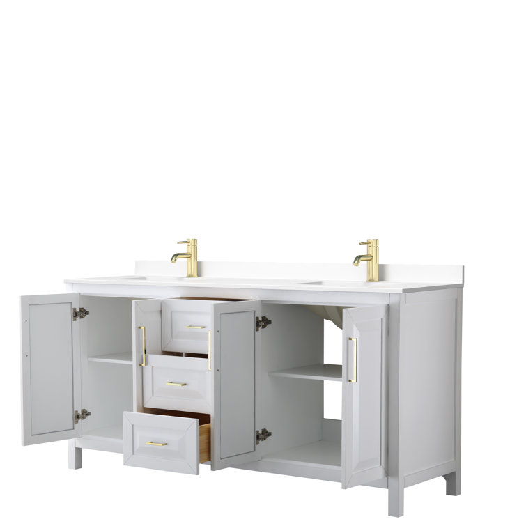 Elegant 72" White Double Bathroom Vanity with Cultured Marble Top and Brushed Gold Trim