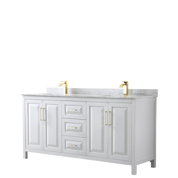 Elegant 72" White Double Bathroom Vanity with Cultured Marble Top and Brushed Gold Trim