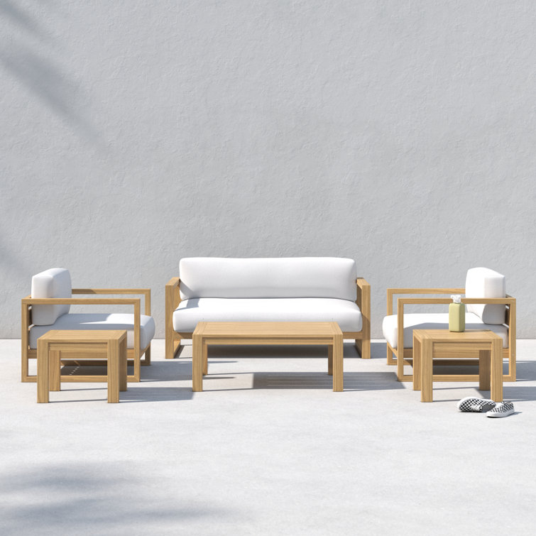 Upland Modern Teak 6-Piece White Cushion Outdoor Patio Set