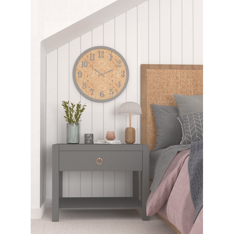 Gray and Natural Solid Wood Round Wall Clock with Glass Face