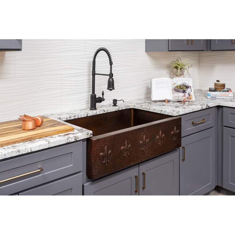 33" Hammered Copper Farmhouse Apron Sink with Fleur De Lis