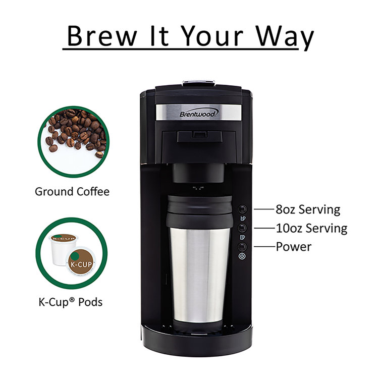 Brentwood Black and Stainless Steel Single Serve Coffee Maker with Travel Mug