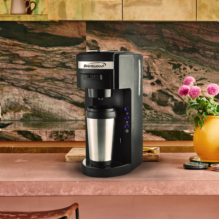 Brentwood Black and Stainless Steel Single Serve Coffee Maker with Travel Mug