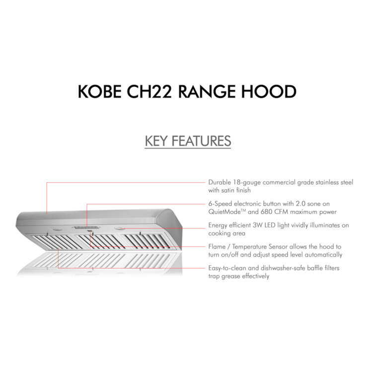 Kobe Range Hoods 30" Stainless Steel 680 CFM Ducted (Vented) Under Cabinet Range Hood with Baffle Filter