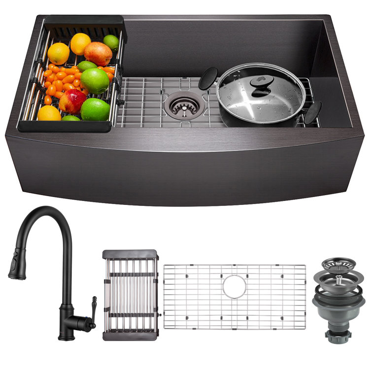 Matte Black Stainless Steel Farmhouse Kitchen Sink with Faucet