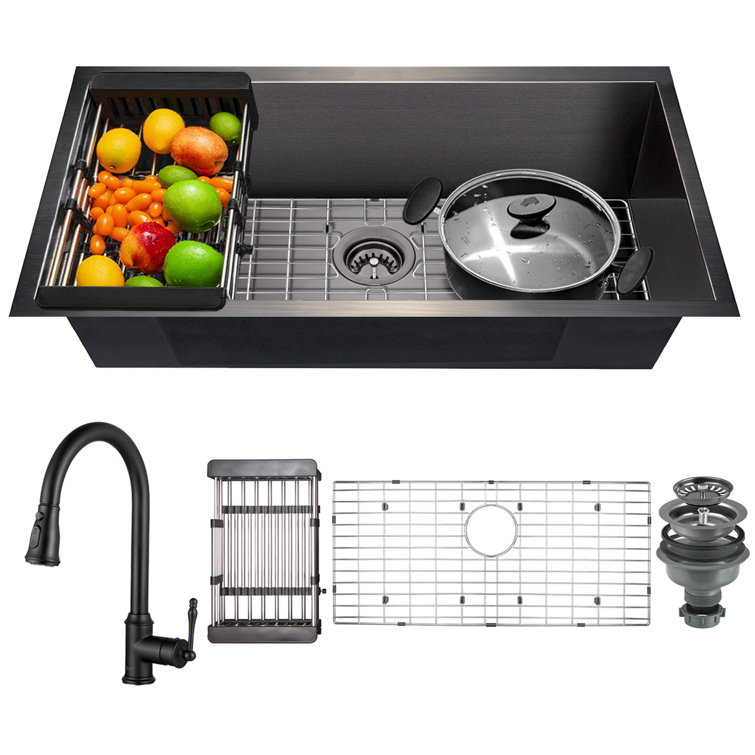 Matte Black Stainless Steel 32" Single Bowl Undermount Kitchen Sink with Faucet