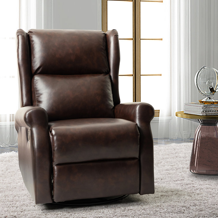 Brown Faux Leather Swivel Rocker Recliner with Rolled Arms