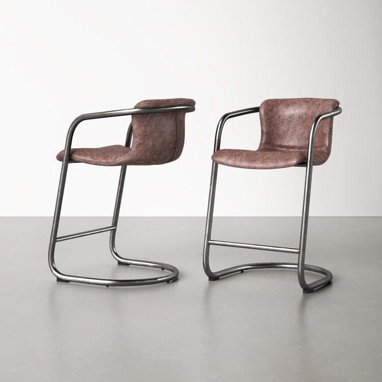 Cream and Silver Upholstered Counter Stools with Iron Frame