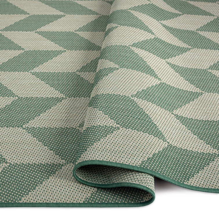 Beige and Green Geometric Synthetic Indoor/Outdoor Area Rug, 6' x 9'