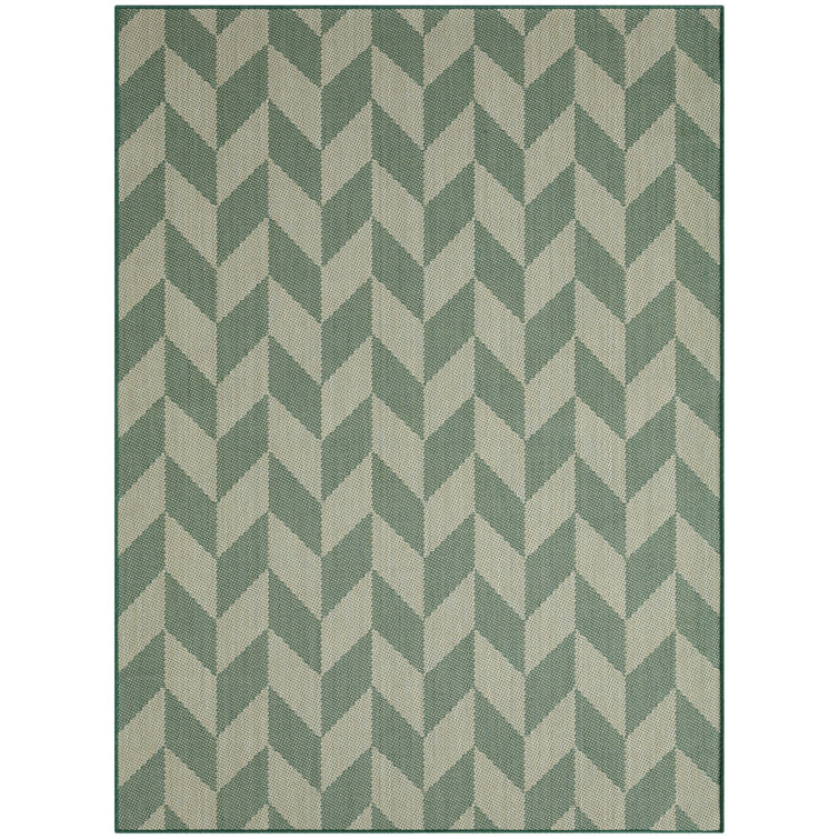 Beige and Green Geometric Synthetic Indoor/Outdoor Area Rug, 6' x 9'