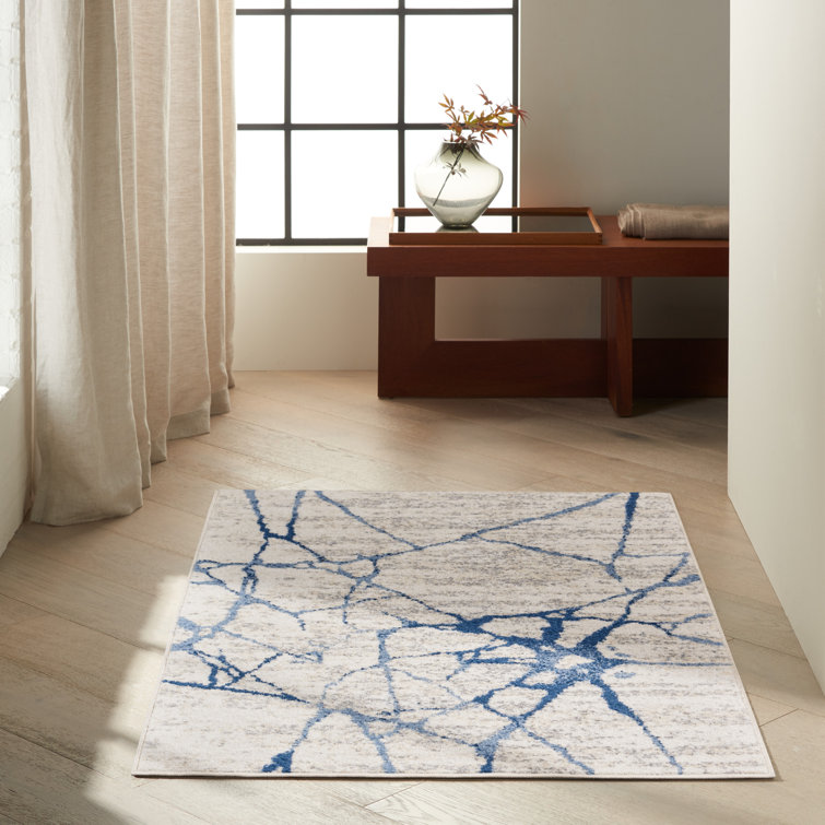 Blue and Ivory Abstract Floral Rectangular Rug