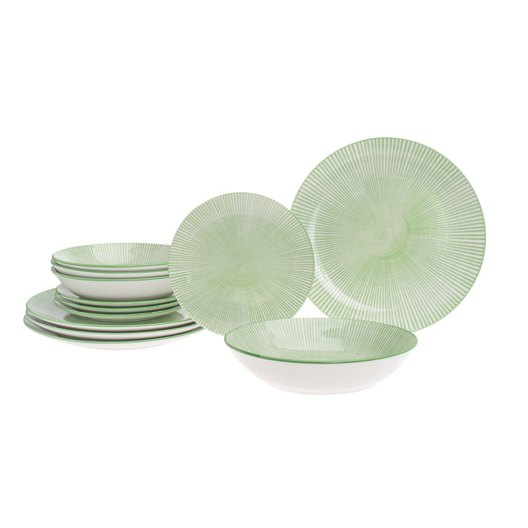 Sage and White Porcelain 12-Piece Dinnerware Set, Service for 4