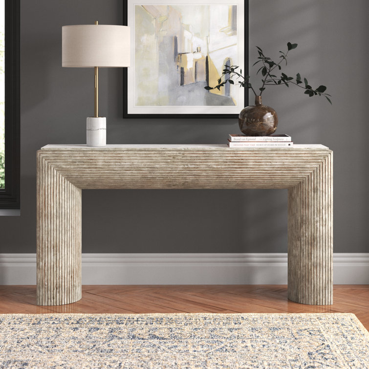 Gray Pecan Wood and Crema Marble Console Table with Storage