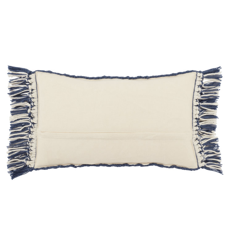 Dark Blue and Ivory Rectangular Polyester Tassel Throw Pillow