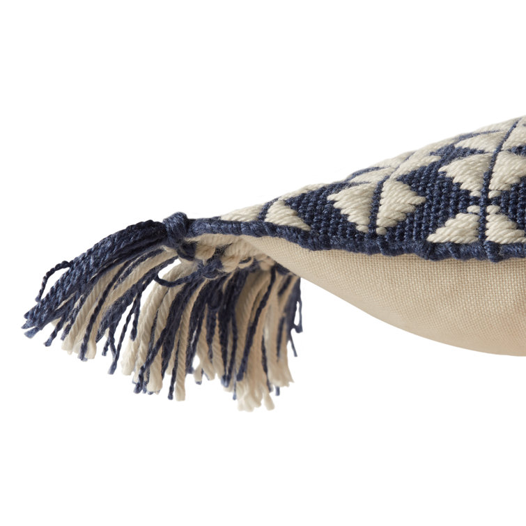 Dark Blue and Ivory Rectangular Polyester Tassel Throw Pillow