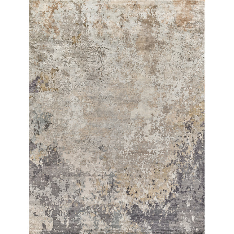 Gray Abstract Hand-Knotted Silk and Cotton 8' x 10' Area Rug
