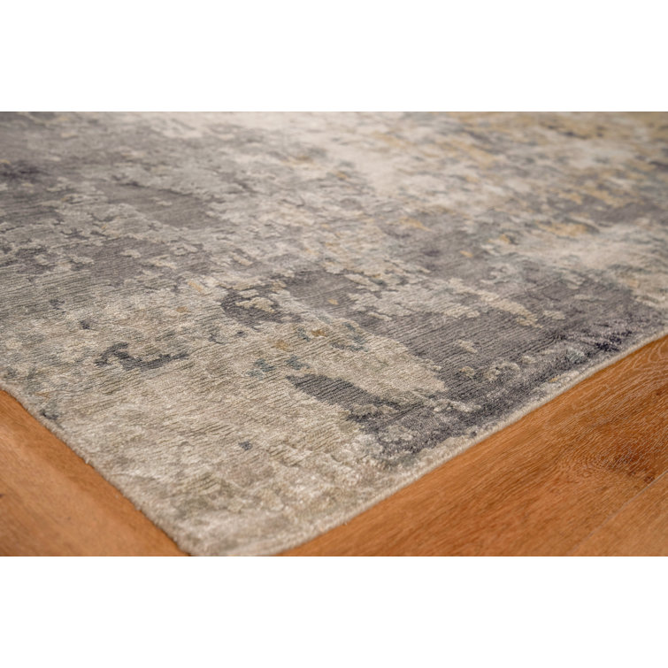 Gray Abstract Hand-Knotted Silk and Cotton 8' x 10' Area Rug