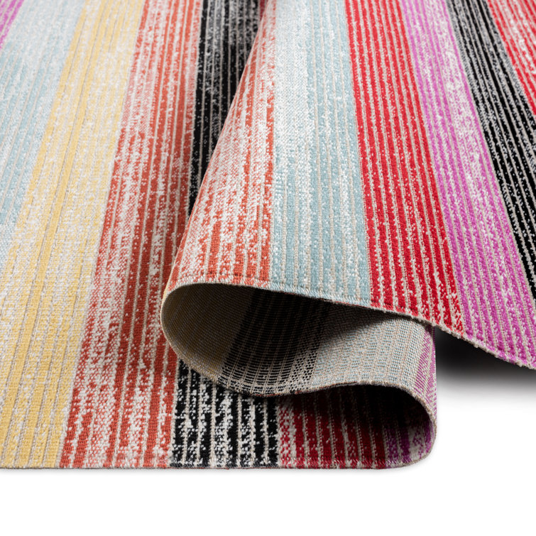 Red and Pink Striped Synthetic Indoor/Outdoor Area Rug